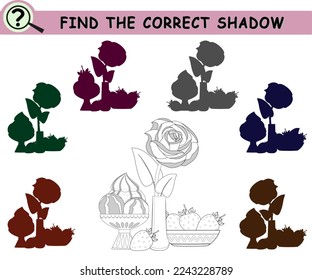 Find the correct shadow of sweets, strawberries, rose in vase. Coloring book page with logical game for children. Vector illustration.