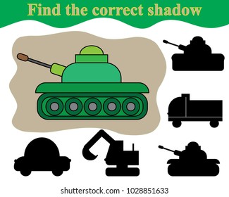 Find the correct shadow of tank. Educational game for children. 