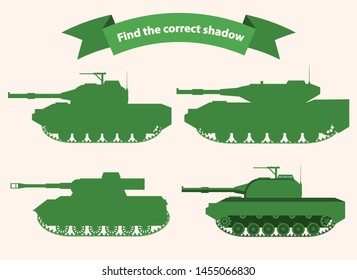 Find the correct shadow tank.Educational game for children military tanks .Flat illustration vector. A game concept for kindergarten, elementary school.