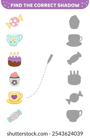 Find the correct shadow. Tea party, candy, sweets, cupcake. Shadow matching game. Cartoon, isolated vector illustration eps 10