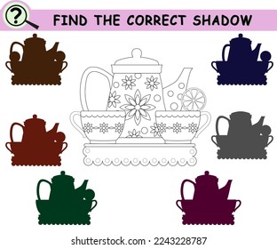 Find the correct shadow of tea pot and cups. Coloring book page with logical game for children. Vector illustration.