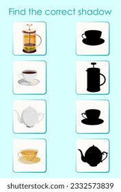 Encuentra la sombra correcta de los artículos de servicio de té. Hoja de trabajo para la educación de los niños. Ilustración vectorial de dibujos animados.