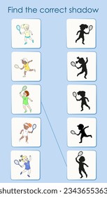 Find the correct shadow of tennis players. Worksheet for children's education. Cartoon vector illustration for activity book.