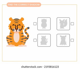 Find the correct shadow tiger. Activity worksheet for preschool kids. Animals theme. vector illustration.