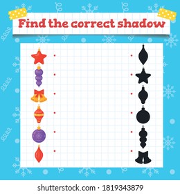 Find The Correct Shadow  Toddler Education Games With Christmas Tree Decoration. Preschool Or Kindergarten Christmas Worksheet. Vector Illustration