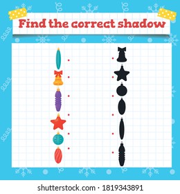 Find the correct shadow Toddler education games with christmas tree decoration. Preschool or kindergarten Christmas worksheet. Vector illustration