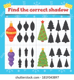 Find the correct shadow  Toddler education games with christmas tree decoration. Preschool or kindergarten Christmas worksheet. Vector illustration