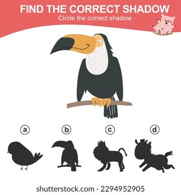 Find the correct shadow of the toucan. Matching animal shadow game for children. Worksheet for kid. Educational printable worksheet. Vector illustration file.