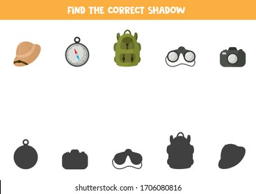 Find the correct shadow of touristic equipment. Cartoon backpack, binocular, hat, camera and compass. Logical worksheet for kids.