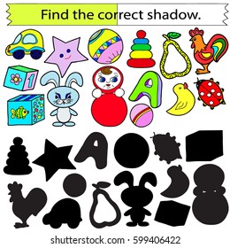 Find the correct shadow. Toys.  Educational game for children. Colored Vector illustration.