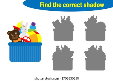 Find the correct shadow, toys game for children, in cartoon style, education game for kids, preschool worksheet activity, task for the development of logical thinking, vector illustration