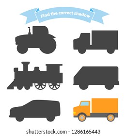 Find the correct shadow transport.Educational game for children car,steam locomotive,truck,tractor,van.Concept of childish play. Flat illustration vector.