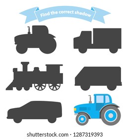 Find the correct shadow transport.Educational game for children car,steam locomotive,truck,tractor,van.Isolated on a white background.Vehicle side view.
