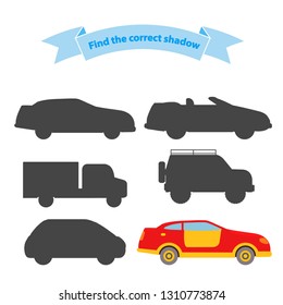 Find the correct shadow transport.Educational game for children car,truck,off-road vehicle,SUV, sports car.