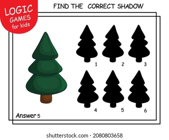 Find the correct shadow the Tree. Cute cartoon new year tree. Educational matching game for child with fir, pine or spruce. Task with answer. Logic learning worksheets for kids school or kindergarten.
