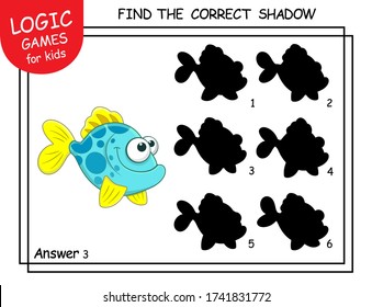 Find the correct shadow Tropical Fish. Cute cartoon Fish. Educational matching game with cartoon character. Logic Game for Kid with answer. Learning card with task for child preschool and kindergarten