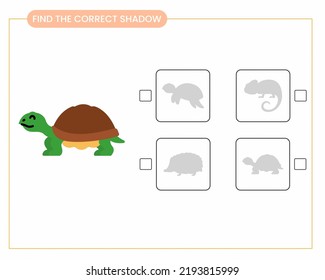 Find the correct shadow turtle. Activity worksheet for preschool kids. Animals theme. vector illustration.