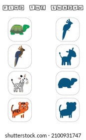Find correct shadow with turtle, parrot, zebra, tiger.  Kids educational game. 