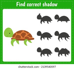 Find the correct shadow tutrle.Animal. Educational matching game for kids. Kids activity. Learnig card for kindergarten or school.