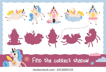 Find the correct shadow with a unicorns. Educational game for children. Cartoon vector illustration