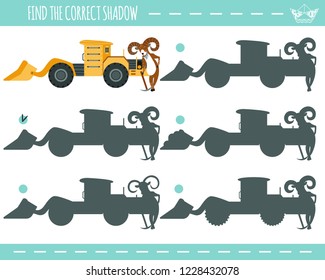 Find the correct shadow. Urial, underground mining equipment.   Learning children game.