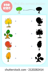 Find correct shadow vector cartoon template, educational game for kids, preschool learning concept book, doodle forest tree plant shape isolated set, elementary choose page, matching game for children