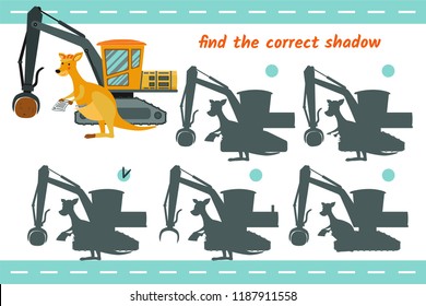 Find the correct shadow. Vector illustration with cartoon animal and construction equipment: kangaroo and knuckle boom loader. Educational children game.