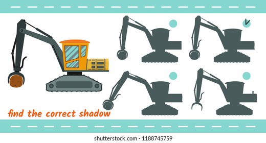 Find the correct shadow. Vector illustration with  knuckle boom loader. Educational children game.