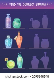 Find the correct shadow. Vector template for preschool games. Childrens educational fun. Find right silhouette for group of bottles on shelves. Cartoon various magical potions, poisons and antidotes.