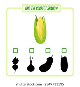 Find the correct shadow. Vegetable corn. Teaching children