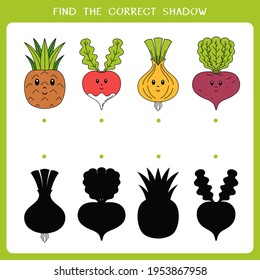 Find the correct shadow for vegetable and fruit. Vector worksheet of simple educational game for kids