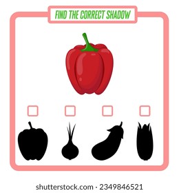 Encuentra la sombra correcta. Pimienta vegetal. Enseñando a los niños.