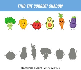 Encuentra la sombra correcta de las verduras. Juego lógico educativo para los niños. Dibujos animados divertidos vegetales. Brócoli.pimienta, tomate, aguacate, zanahoria, berenjena. Ilustración vectorial