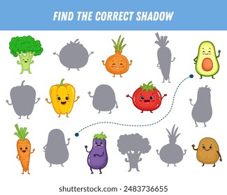 Find correct shadow of vegetables. Educational logical game for kids. Cartoon vegetable. Vector