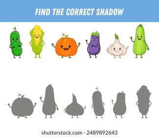 Find correct shadow of vegetables. Educational logical game for kids. Cartoon funny vegetables. Cucumber, corn, pumpkin, zucchini, garlic, eggplant. Vector
