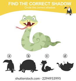 Busque la sombra correcta del visor. Juego de sombra para animales para niños. Hoja de trabajo para niños. Hoja de cálculo imprimible educativa. Archivo de ilustración del vector.