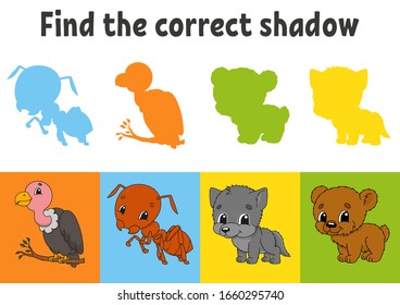 Encuentre la sombra correcta. Buitre, hormiga, lobo, oso. Hoja de cálculo de educación.Juego de juego para niños. Página de actividad de color. Rompecabezas para los niños. Caricatura.Ilustración vectorial aislada.
