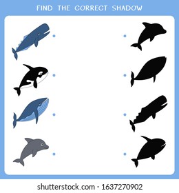 Find the correct shadow for whales. Vector worksheet of simple educational game for kids