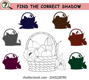 Find the correct shadow of wicker basket with fruits and flowers. Coloring book page with logical game for children. Vector illustration.