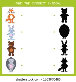 Find the correct shadow for wild animals. Vector worksheet of simple educational game for kids