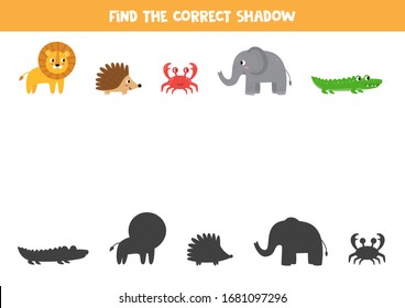Find the correct shadow of wild animals. Logical game for kids.