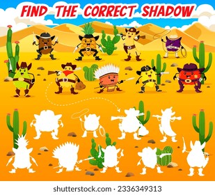 Find the correct shadow of Wild West cartoon cowboy, sheriff and robber fruits characters vector game quiz worksheet. Western puzzle with cowboy mango, banana, apple and peach fruits personages