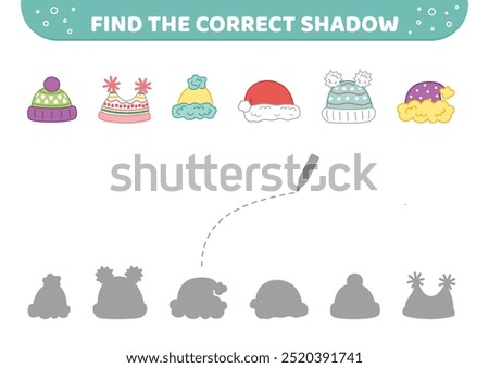 Find the correct shadow. Winter hats. Warm hats. Shadow matching game. Cartoon. Isolated vector illustration eps 10

