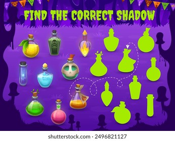 Find the correct shadow of witch potion bottles. Similarity search children quiz, silhouette find child vector puzzle or shadow match kids game. Similarity search riddle worksheet with magic potions