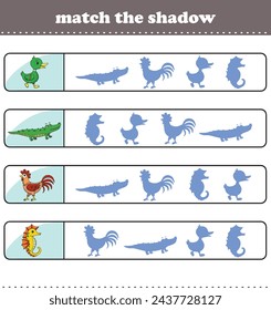 Find the correct shadow. Worksheet with cute wild animals. Education game for children.