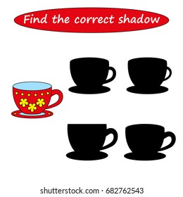 Find the correct shadow, worksheet. Educational game for children. Find the right shadow ( cup ) - task for preschool  kids. vector. 