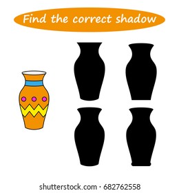 Find the correct shadow, worksheet. Educational game for children. Find the right shadow ( VASE ) - task for preschool  kids. vector. 