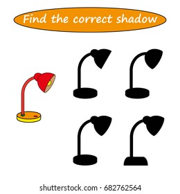 Find the correct shadow, worksheet. Educational game for children. Find the right shadow ( TABLE LAMP ) - task for preschool  kids. vector. 