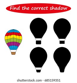 Find the correct shadow, worksheet. Educational game for children. Find the right shadow ( Balloon ) - task for preschool  kids. vector. 