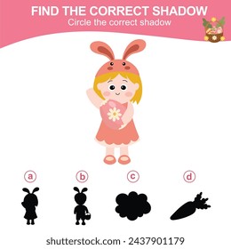 Find the correct shadow. Worksheet for kid. Matching shadow game for children. Circle the correct shadow. Printable activity page for kids. Learning Game. Vector file. 
